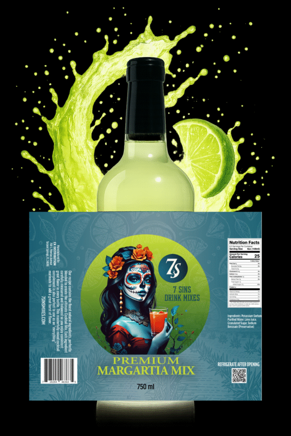 Regular Margarita Mix bottle with lime splash – 7 Sins Mixes handcrafted cocktail mixer