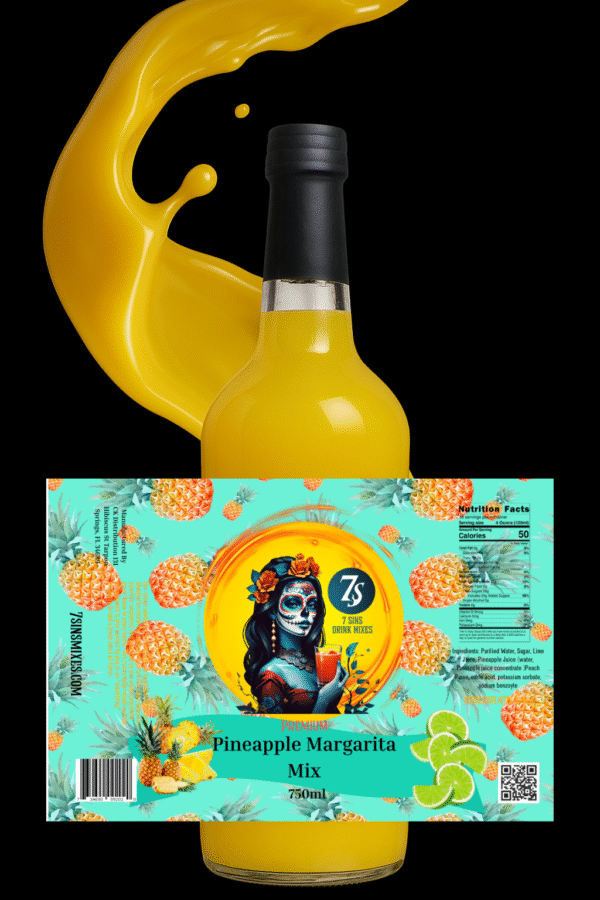 Pineapple Margarita Mix bottle with yellow splash – 7 Sins Mixes tropical handcrafted mixer