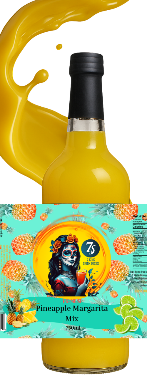 Pineapple Margarita Mix bottle with yellow splash – 7 Sins Mixes tropical handcrafted mixer